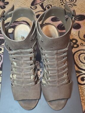 Vince Camuto Taupe Strappy Cage Peep-Toe Heels